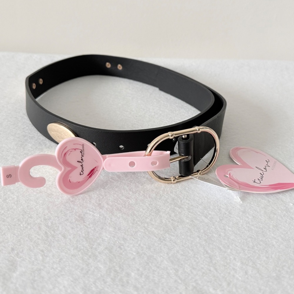 True Love Black Studded Belt Gold Oval Buckle Size‎ S NWT